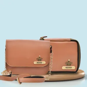 Personalized Mini make up kit   Chained Sling bag - Tan