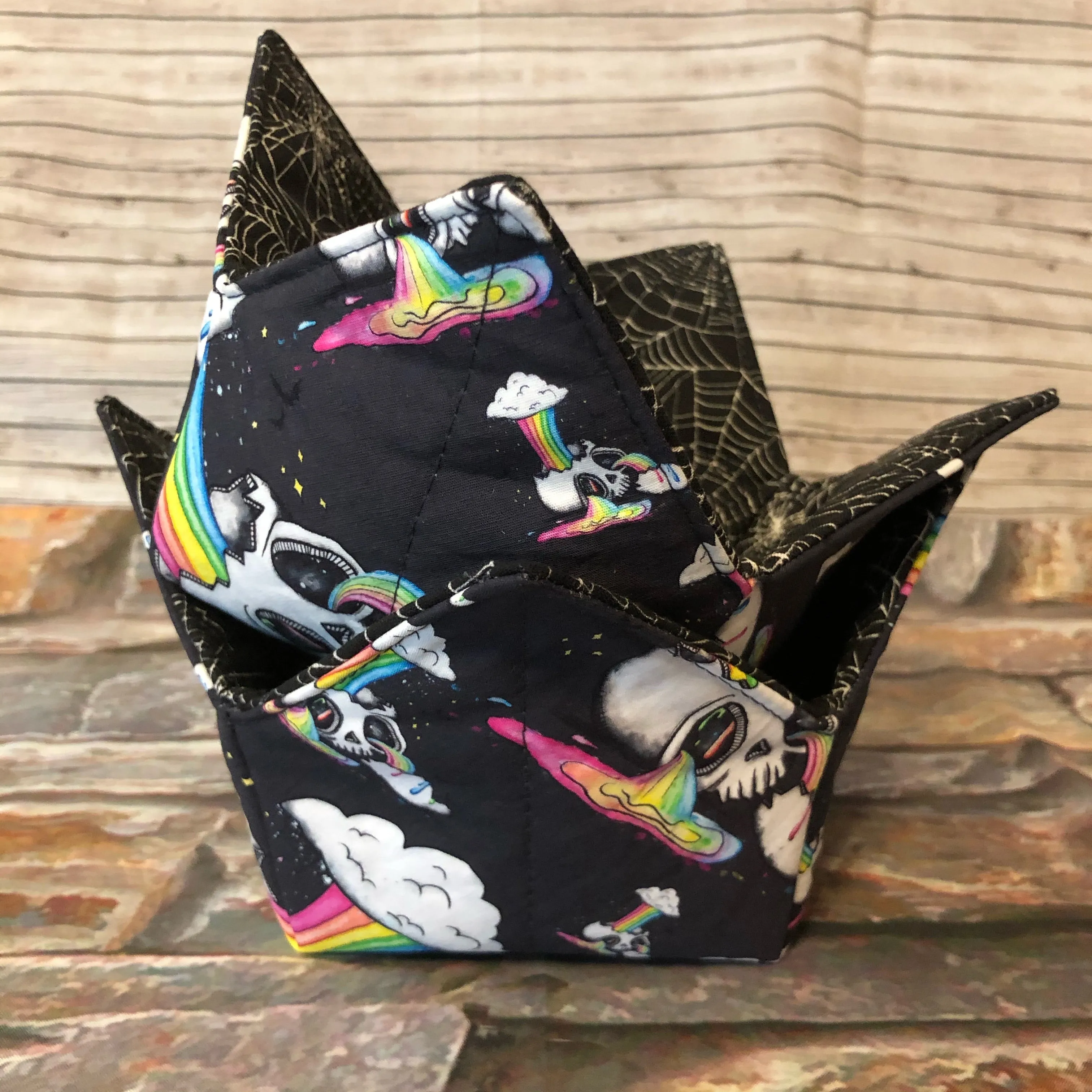 Portable Yarn Bowl - Rainbow Skulls