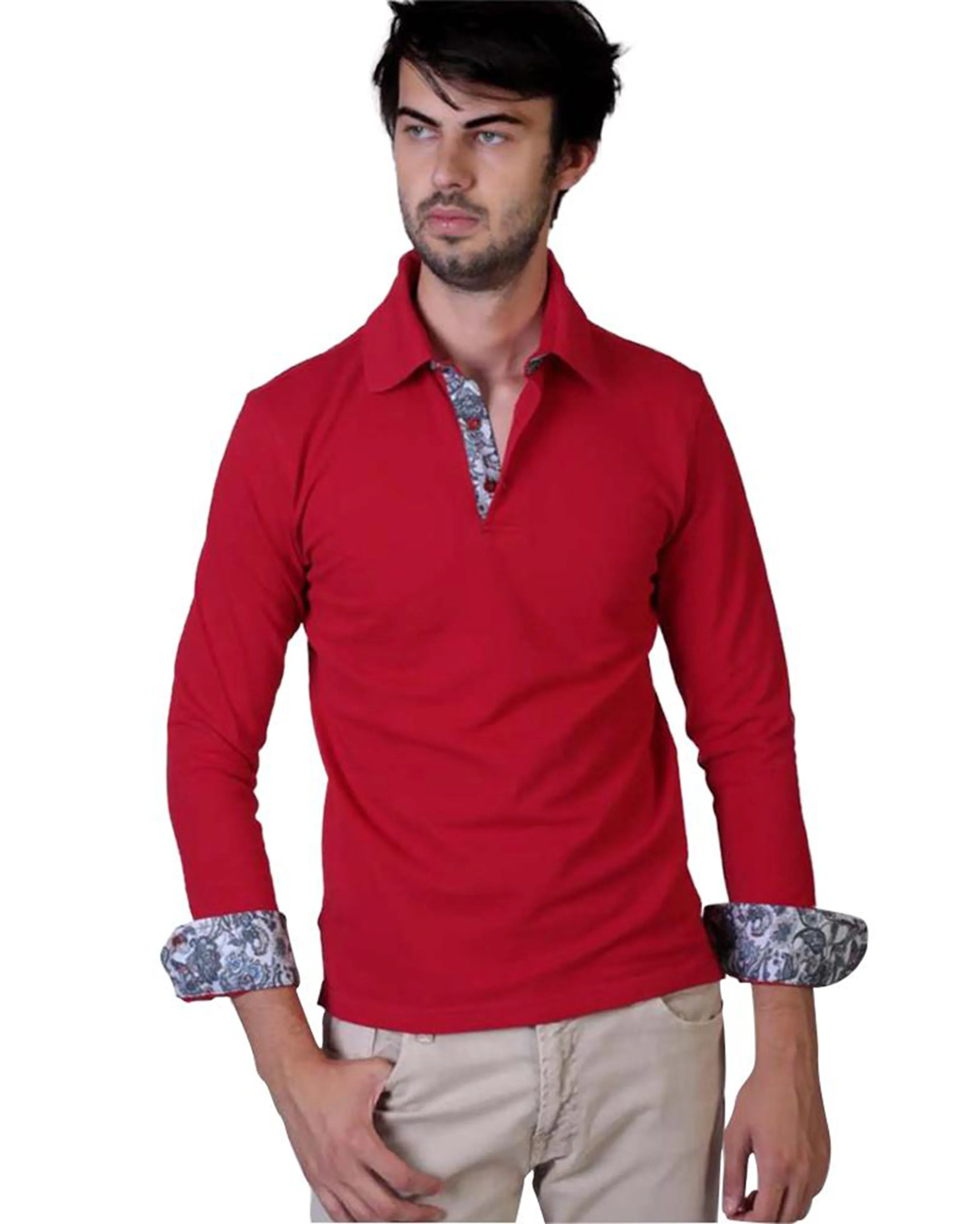 Red Paisley Mens Slim Fit Polo Shirts - 100% Soft Cotton - Tailored Comfortable Fit