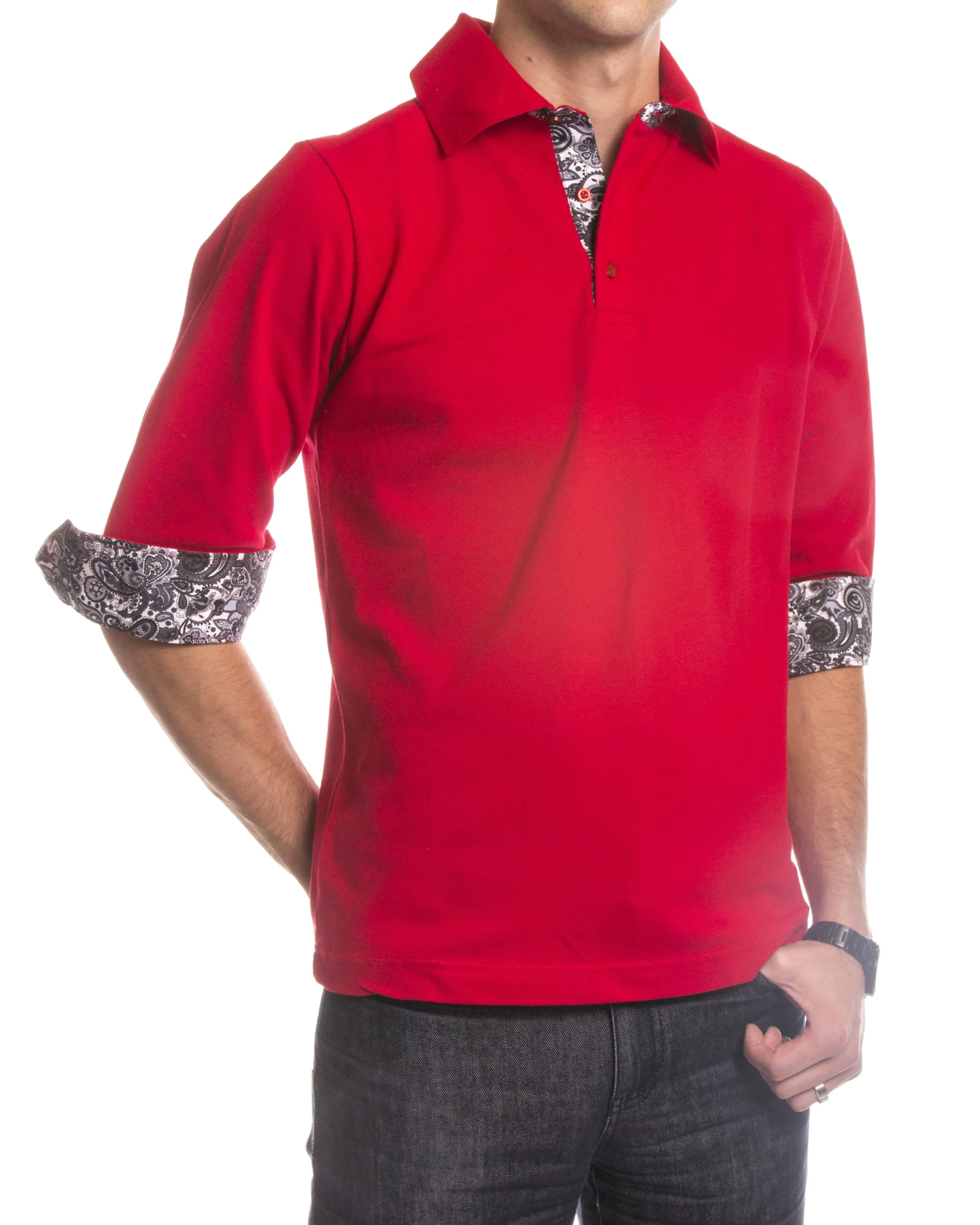 Red Paisley Mens Slim Fit Polo Shirts - 100% Soft Cotton - Tailored Comfortable Fit