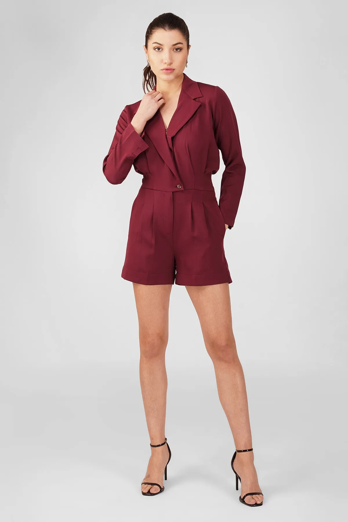 Red Wine V-Neck Blazer Playsuit
