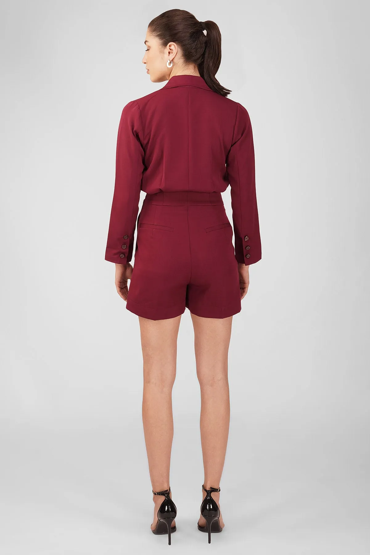 Red Wine V-Neck Blazer Playsuit