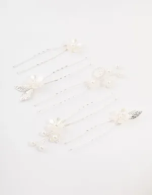 Silver Wire Flower & Pearl Bridal Hair Pins