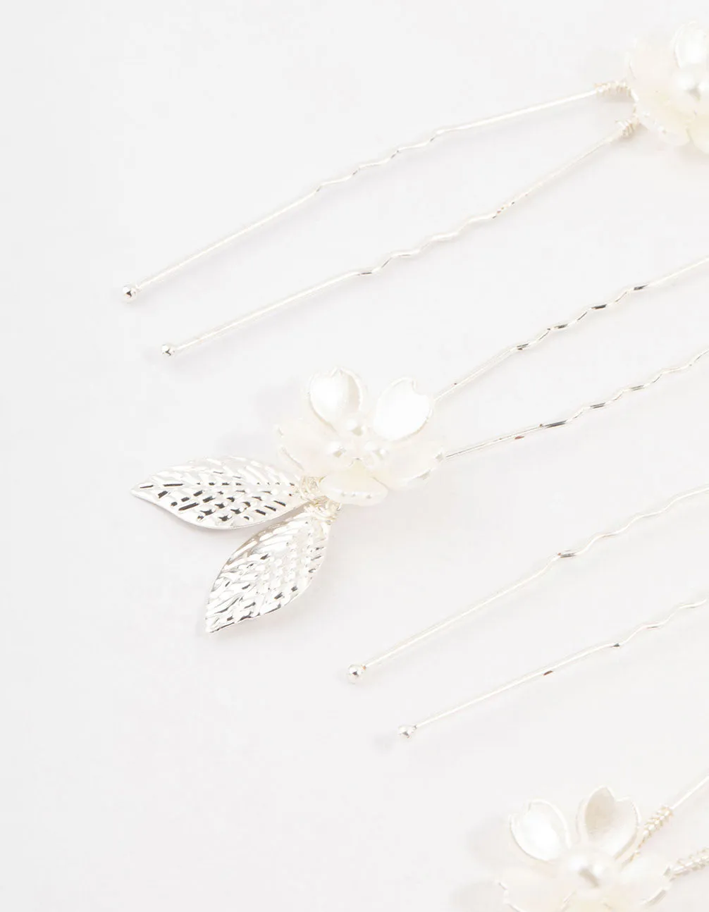 Silver Wire Flower & Pearl Bridal Hair Pins