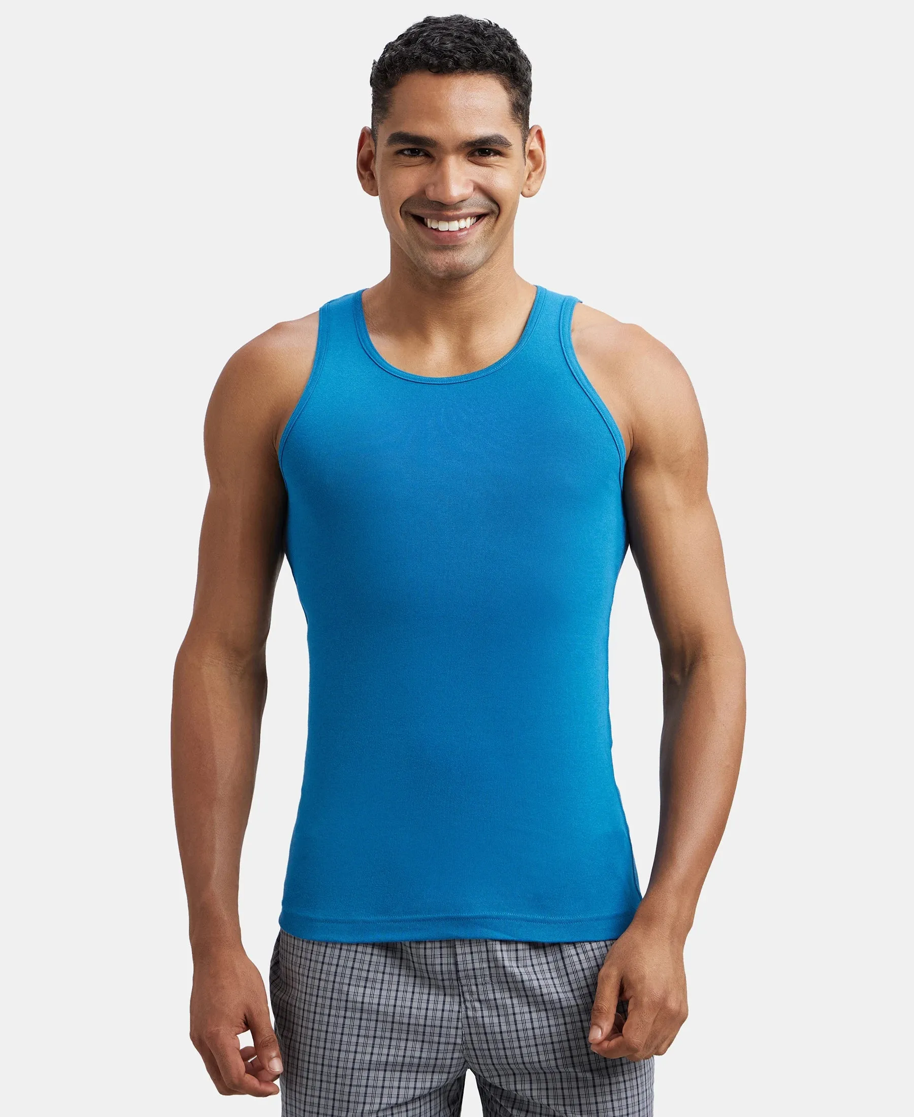 Super Combed Cotton Rib Round Neck Sleeveless Vest - Blue Saphire