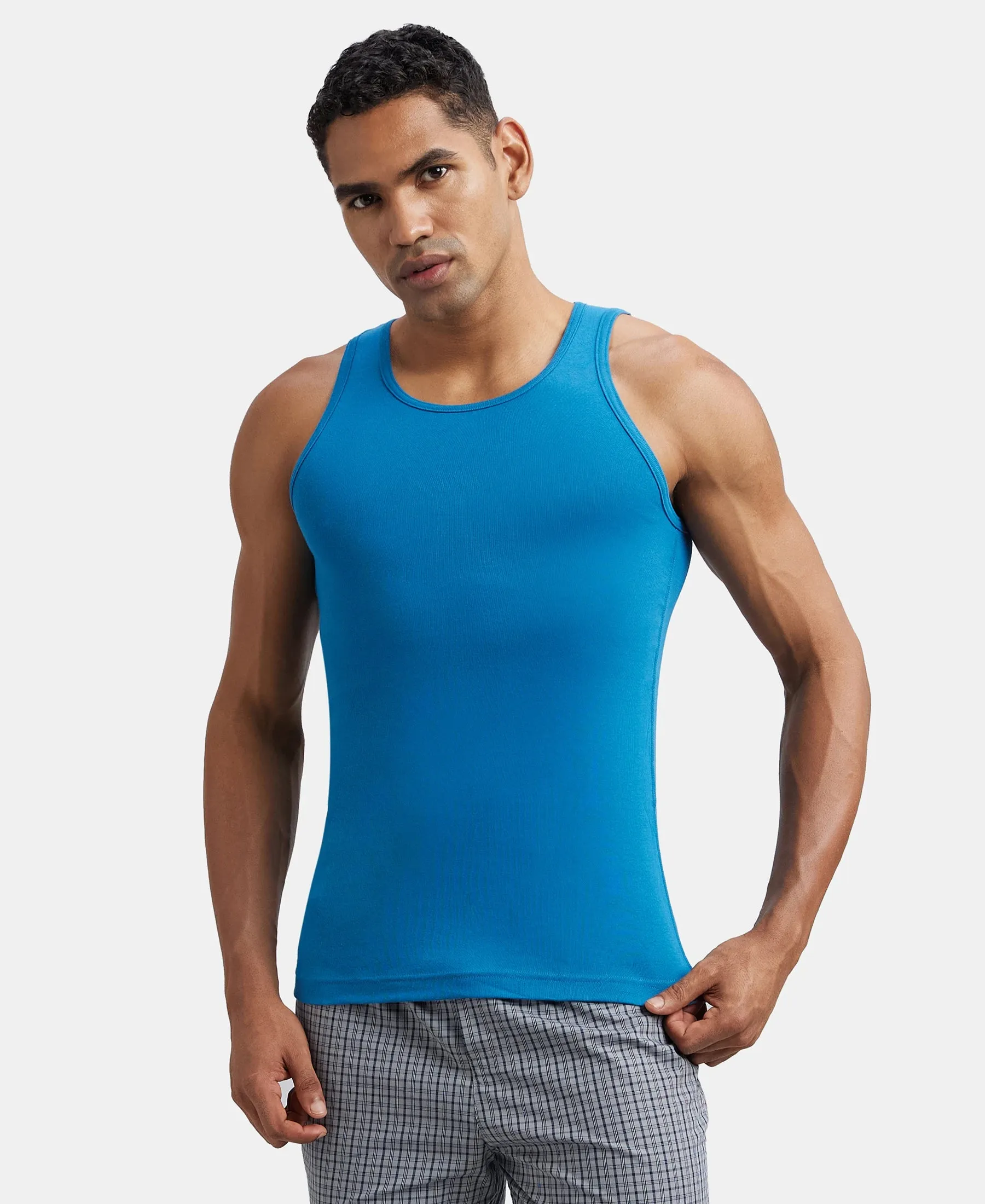 Super Combed Cotton Rib Round Neck Sleeveless Vest - Blue Saphire