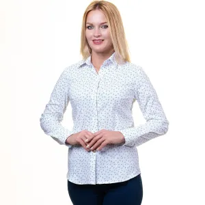White And Blue Button Up Shirts for Women - Floral Long Sleeve Cotton Shirts for Formal & Casual
