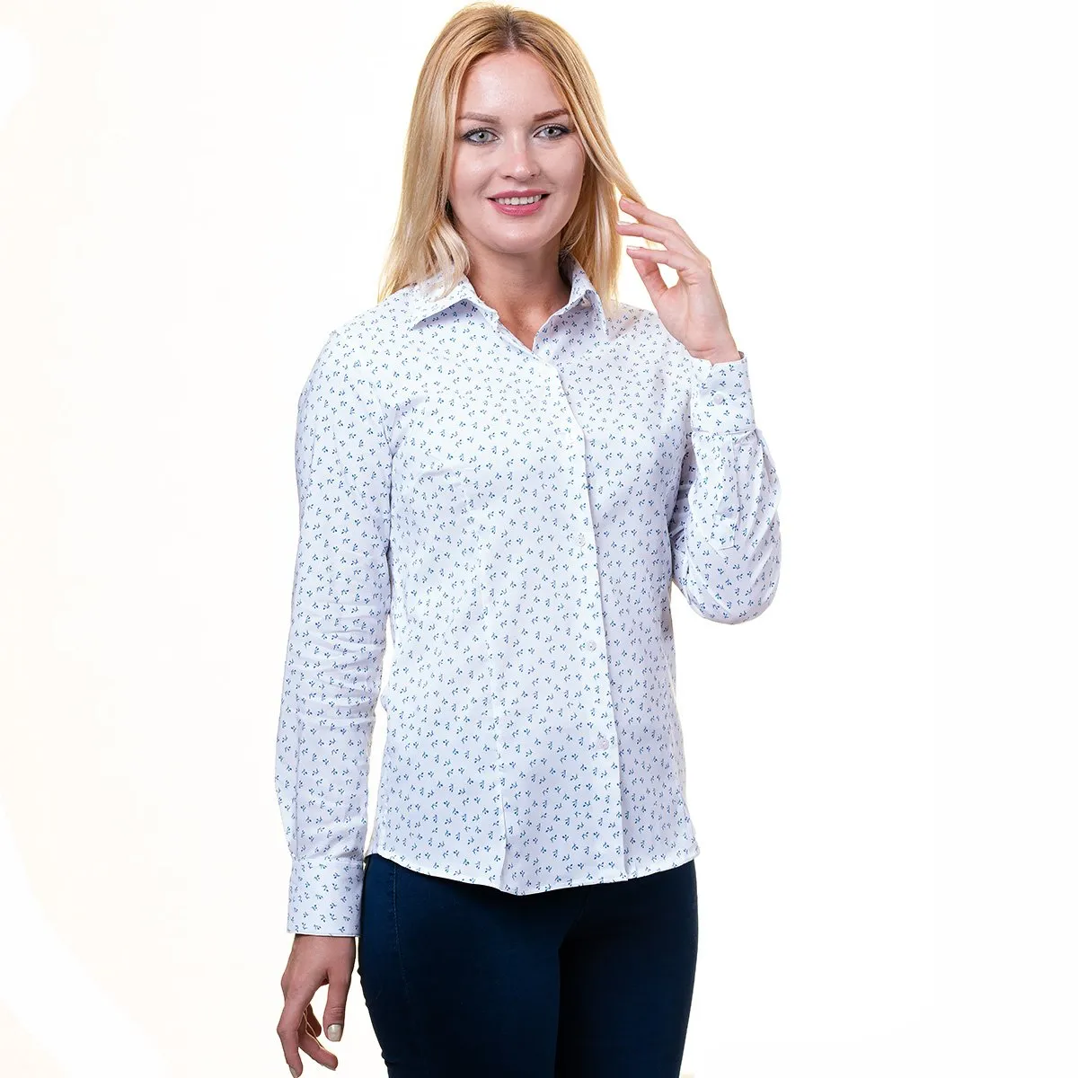 White And Blue Button Up Shirts for Women - Floral Long Sleeve Cotton Shirts for Formal & Casual