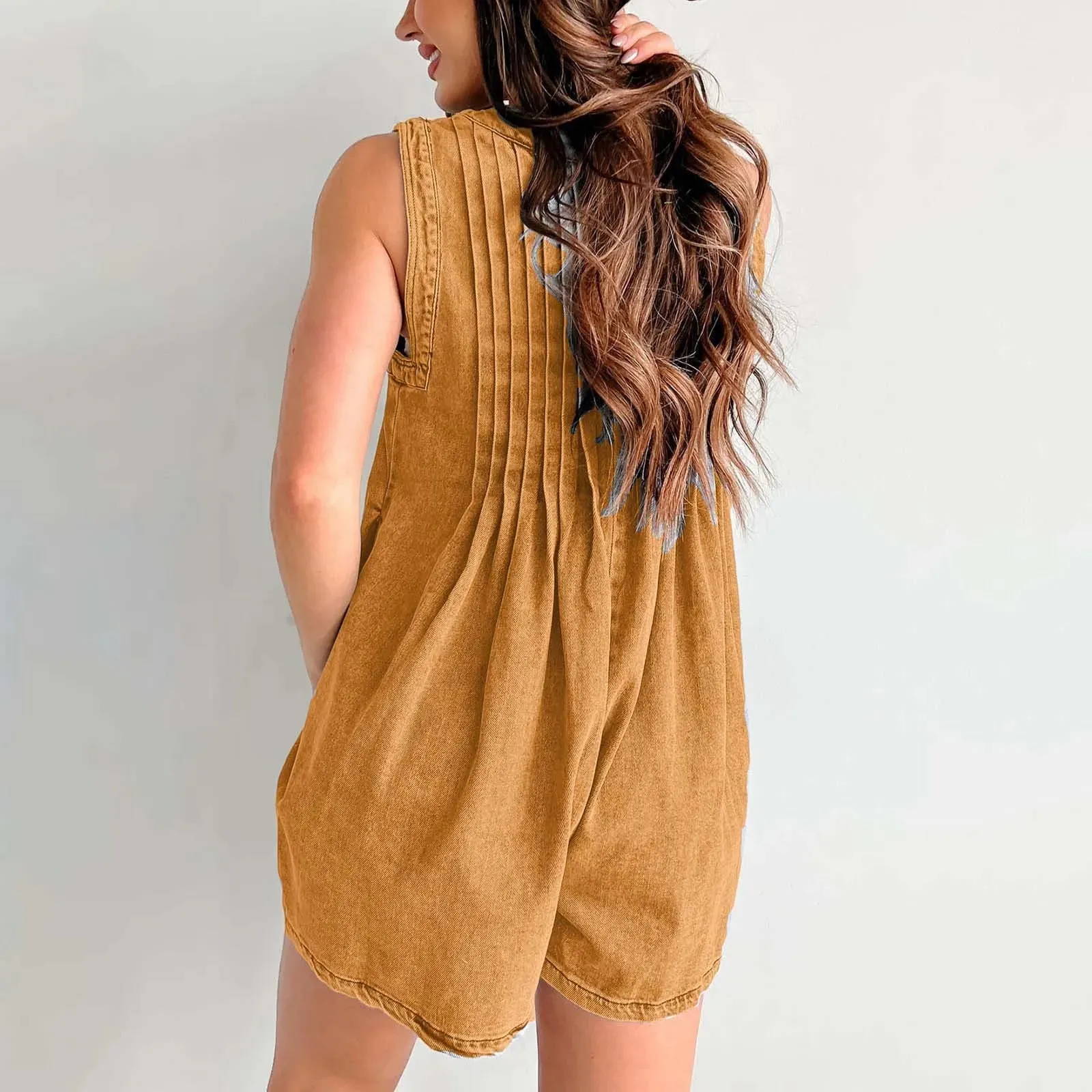 Women's Blue Sleevelss Jeans Jumpsuit Shorts Fashion Deep V Lace Up Loose Casual Romper Short Pants With Pockets Summer Overall